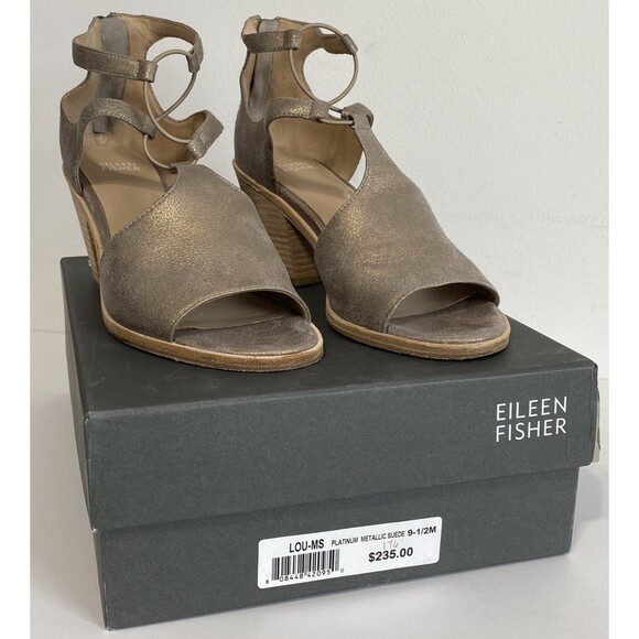 Eileen Fisher Sandals Womens US 9.5 Lou Platinum Metallic Suede Block Heel Coast - Picture 3 of 15